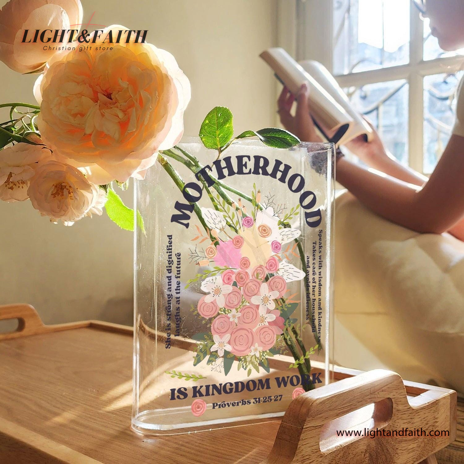 Christian Book Vase, Faith Motherhood Quote Vase, Proverbs 31 Acrylic Book Decor, Bible Verse Book Shaped Flower Vase